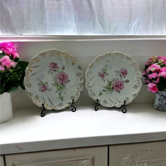 Set Of 2 Hand Painted Rose With Gold Trim 6” Cake Plates W/ Makers Mark. Rare - Picture 1 of 6
